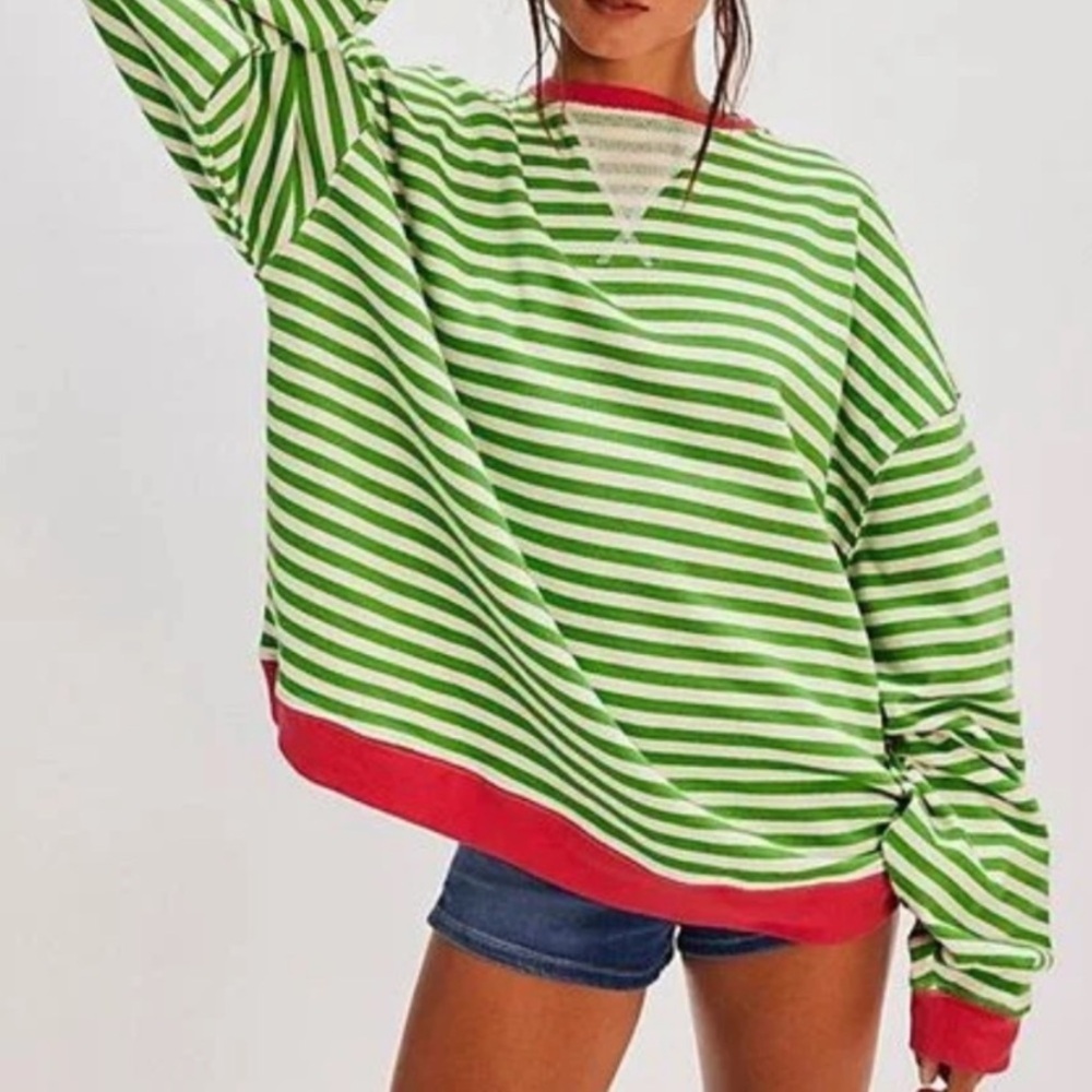 New Free People Classic Striped Oversized Crewneck Top, Pink Clover Combo, Sz XL